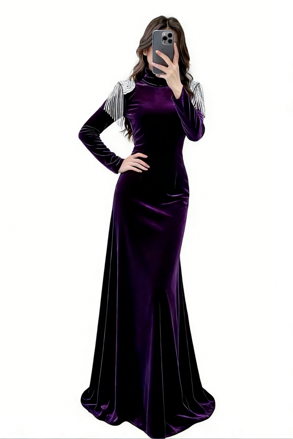Velvet Crystal Fringe Slim Maxi Dress - High Neck Long Sleeve Party Statement Gown gh6972
