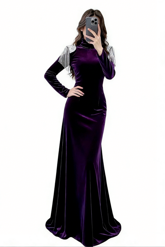 Velvet Crystal Fringe Slim Maxi Dress - High Neck Long Sleeve Party Statement Gown gh6972