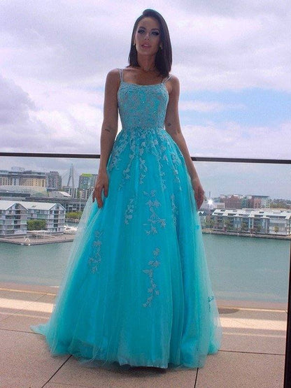 A-Line/Princess Spaghetti Straps Tulle Sleeveless Applique Sweep/Brush Train Dresses - RongMoon
