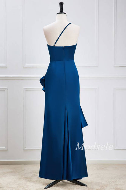 Navy Blue One-Shoulder Ruffle High-Low Dress