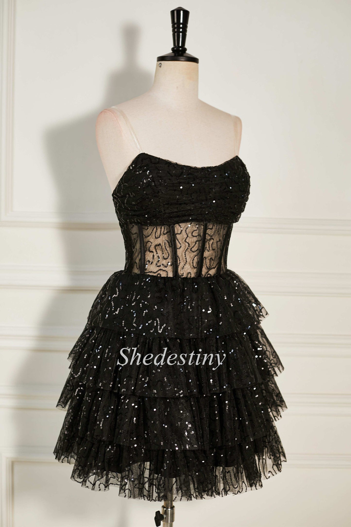 Gold Sequin Tulle Strapless Tiered Short Dress with Ruffles