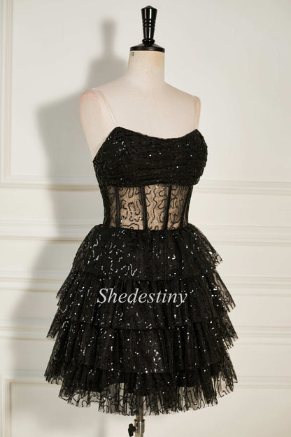Gold Sequin Tulle Strapless Tiered Short Dress with Ruffles