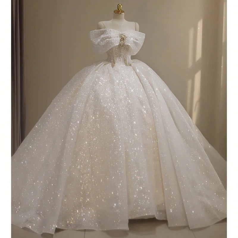 Girlhomeshops-White Sparkling Gorgeous Off Shoulder Bow Starry Bead Decoration and Ground Formal Ball Dress Lace Dress Exquisite Wedding Dress gh5312