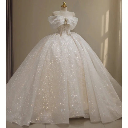 Girlhomeshops-White Sparkling Gorgeous Off Shoulder Bow Starry Bead Decoration and Ground Formal Ball Dress Lace Dress Exquisite Wedding Dress gh5312
