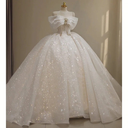 Girlhomeshops-White Sparkling Gorgeous Off Shoulder Bow Starry Bead Decoration and Ground Formal Ball Dress Lace Dress Exquisite Wedding Dress gh5312