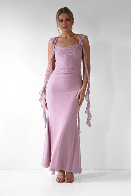 Square neck backless ruffle edge detail long Prom dress - Jimiss Dress
