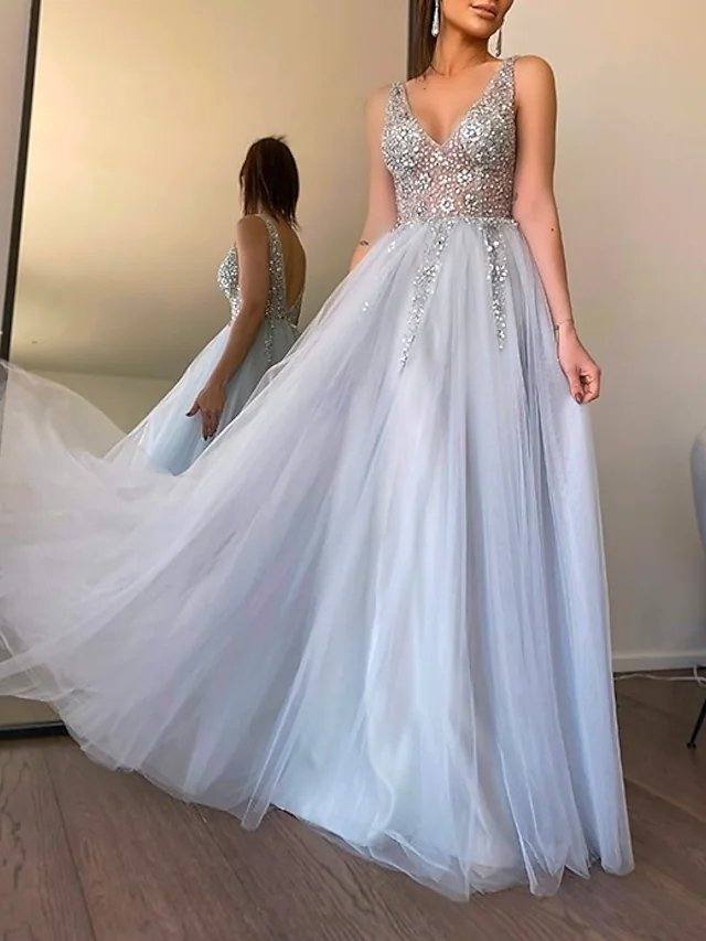 A-Line Minimalist Elegant Party Wear Formal Evening Dress V Neck Sleeveless Floor Length Tulle with Pleats Appliques - RongMoon