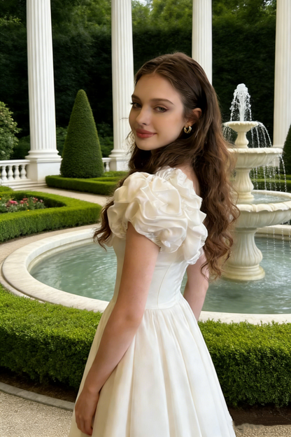 Ivory Ruffle Puff Sleeve Ball Gown - Elegant Gown for Light Evening Events gh6961