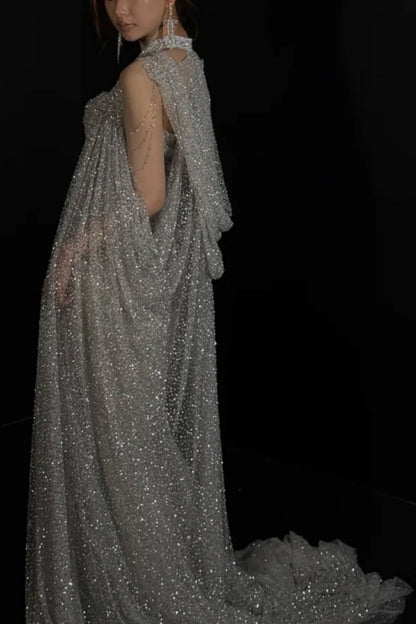 Sparkling and glamorous long evening gown with hood gh6828