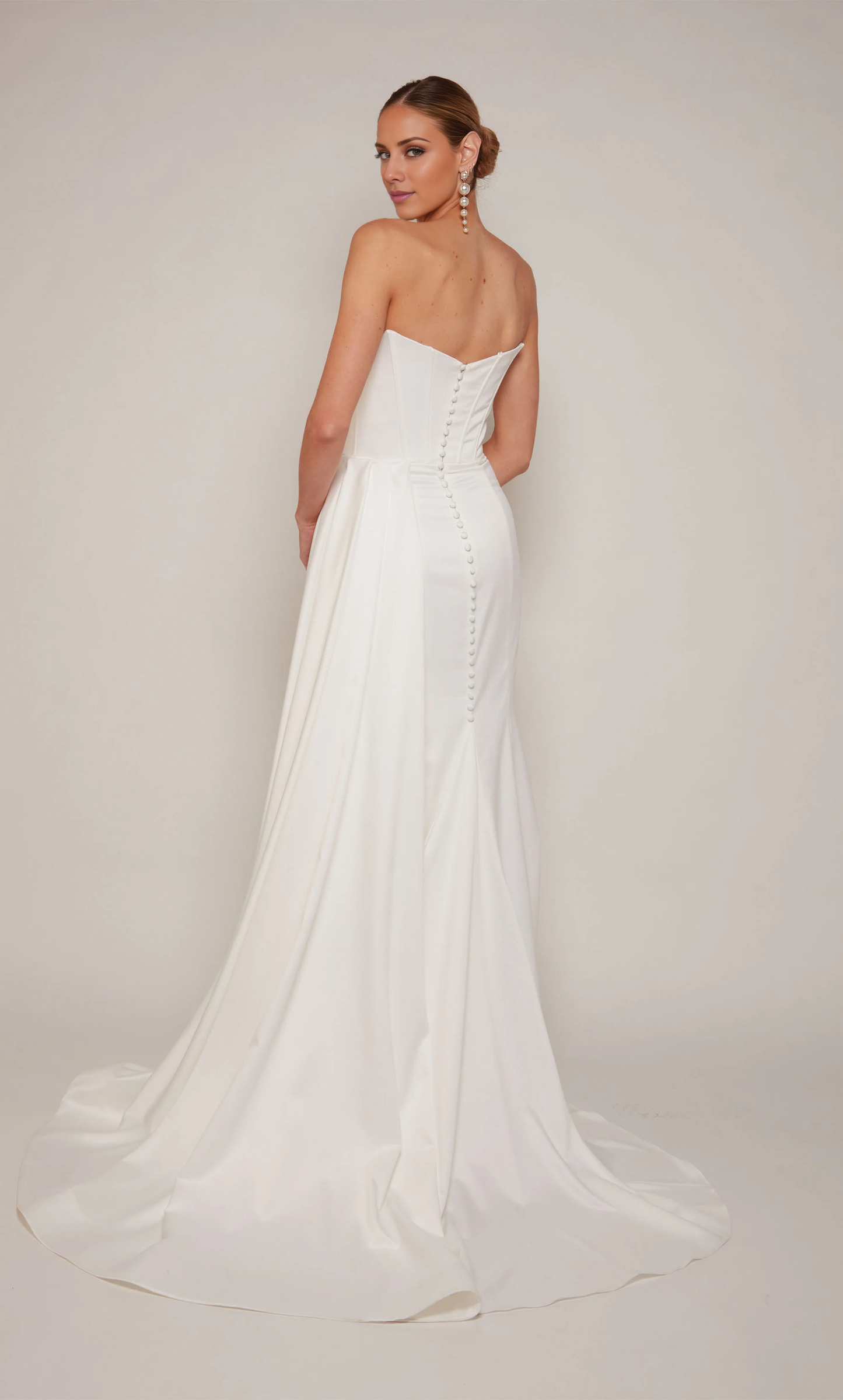 Perfect satin strapless straight tube backless tight corset with slit wedding dress