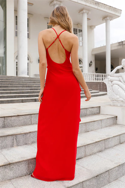 Jimiss V-neck slim shoulder strap with backless pleats and floor length Prom dress