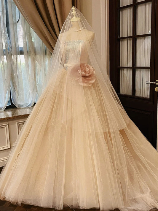 Girlhomeshops-👑Strapless princess champagne-colored tulle dress with three-dimensional flowers, sweet long tulle wedding dress prom dress gh5439