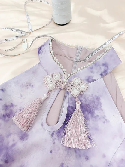 girlhomeshops--Purple gradient color new Chinese style pearl stand collar with button bow fairy dress oriental aesthetics gh5731