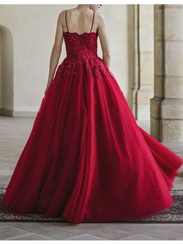 A-Line Luxurious Sexy Wedding Guest Prom Dress V Neck Spaghetti Strap Sleeveless Sweep / Brush Train Lace Tulle with Pleats - RongMoon