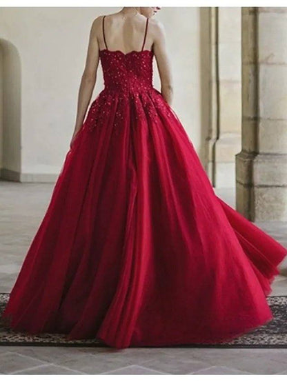 A-Line Luxurious Sexy Wedding Guest Prom Dress V Neck Spaghetti Strap Sleeveless Sweep / Brush Train Lace Tulle with Pleats - RongMoon