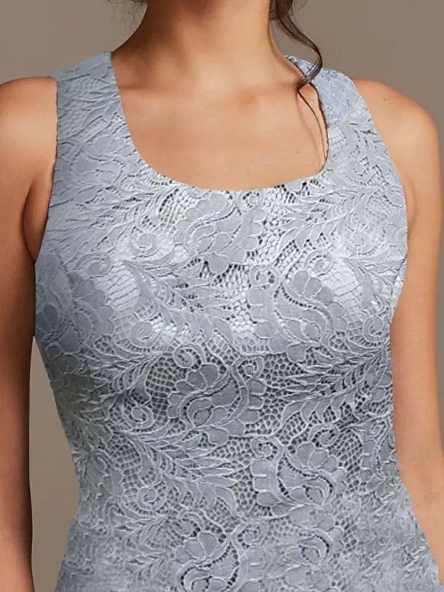 Sheath / Column Mother of the Bride Dress Elegant Scoop Neck Floor Length Polyester 3/4 Length Sleeve with Lace - RongMoon