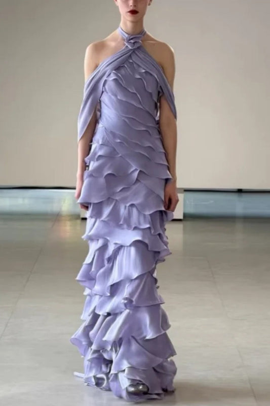 Shimmering Lilac Halter Dress with Cascading Ruffles Floral Accent Elegant Floor-Length Mermaid Formal Gown gh7102