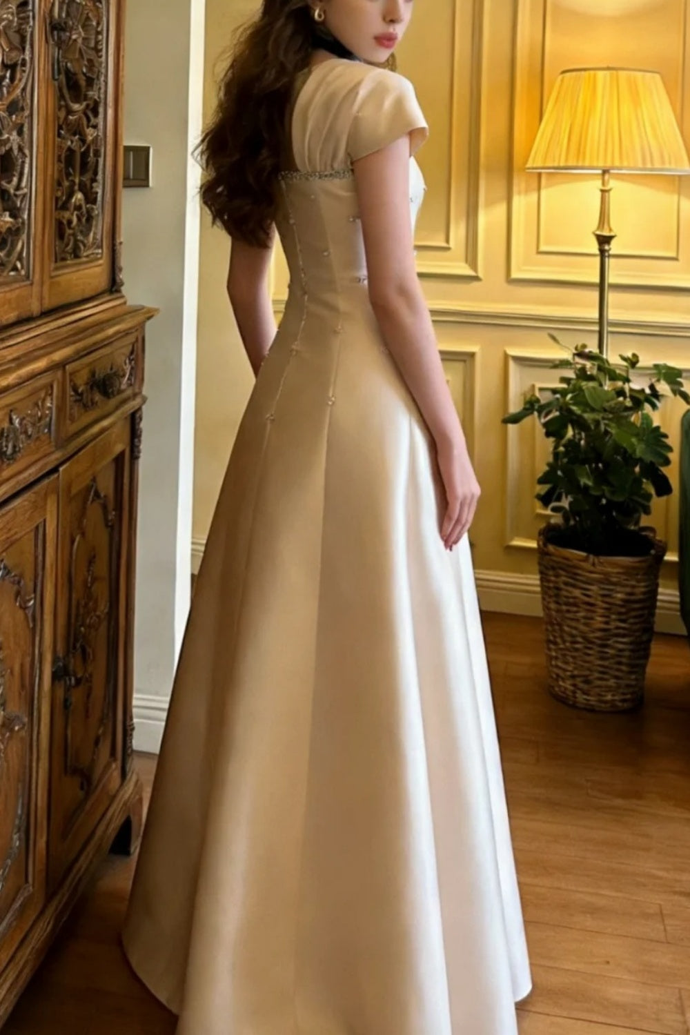 Pink Beaded Vintage Long Satin Birthday Dress, Party Dress, Short-Sleeved Prom Dress, Evening Dress gh7080