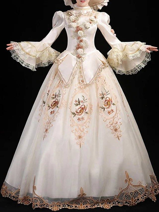 Ball Gown Elegant Vintage Halloween Quinceanera Dress High Neck Long Sleeve Floor Length Satin with Lace Insert Appliques - RongMoon