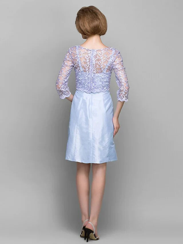 Mother of the Bride Dress Convertible Dress Bateau Neck Knee Length Lace Taffeta Length Sleeve with Lace