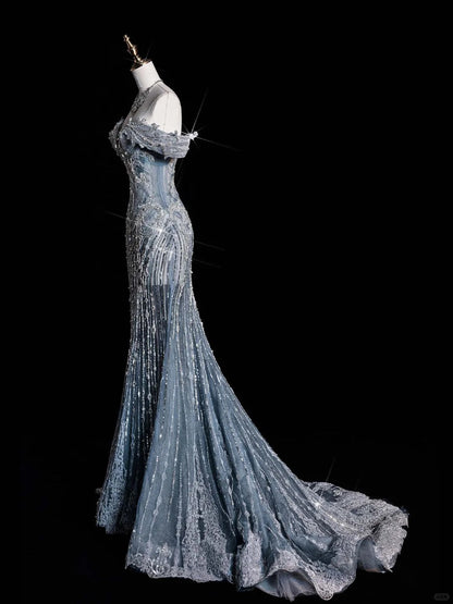 ✨💎Silver Blue Luxurious Heavy Industry Sparkling Gorgeous Elegant Exquisite Beading Stunning Long Mermaid Dress Sequin Floor Length Trailing Prom Dress Evening Dress Wedding Dress gh4114
