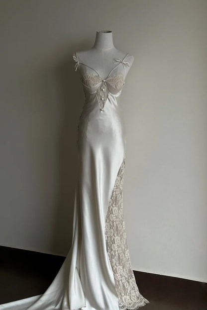 White satin exquisite lace long wedding dress with long tail formal dress gh6807