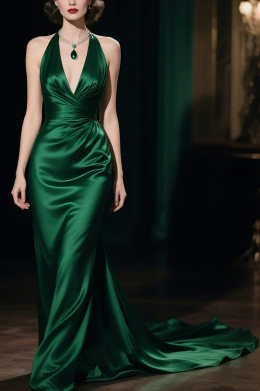 Green long satin formal dress gh6770