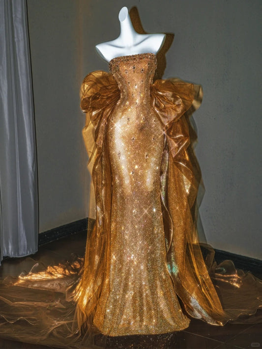 Girlhomeshops--Gold gorgeous sparkling exquisite beaded mermaid long prom dress gh5488