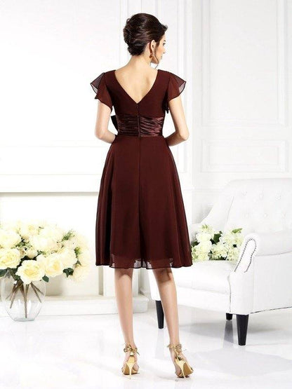 A-Line/Princess V-neck Bowknot Short Sleeves Short Chiffon Mother of the Bride Dresses - RongMoon