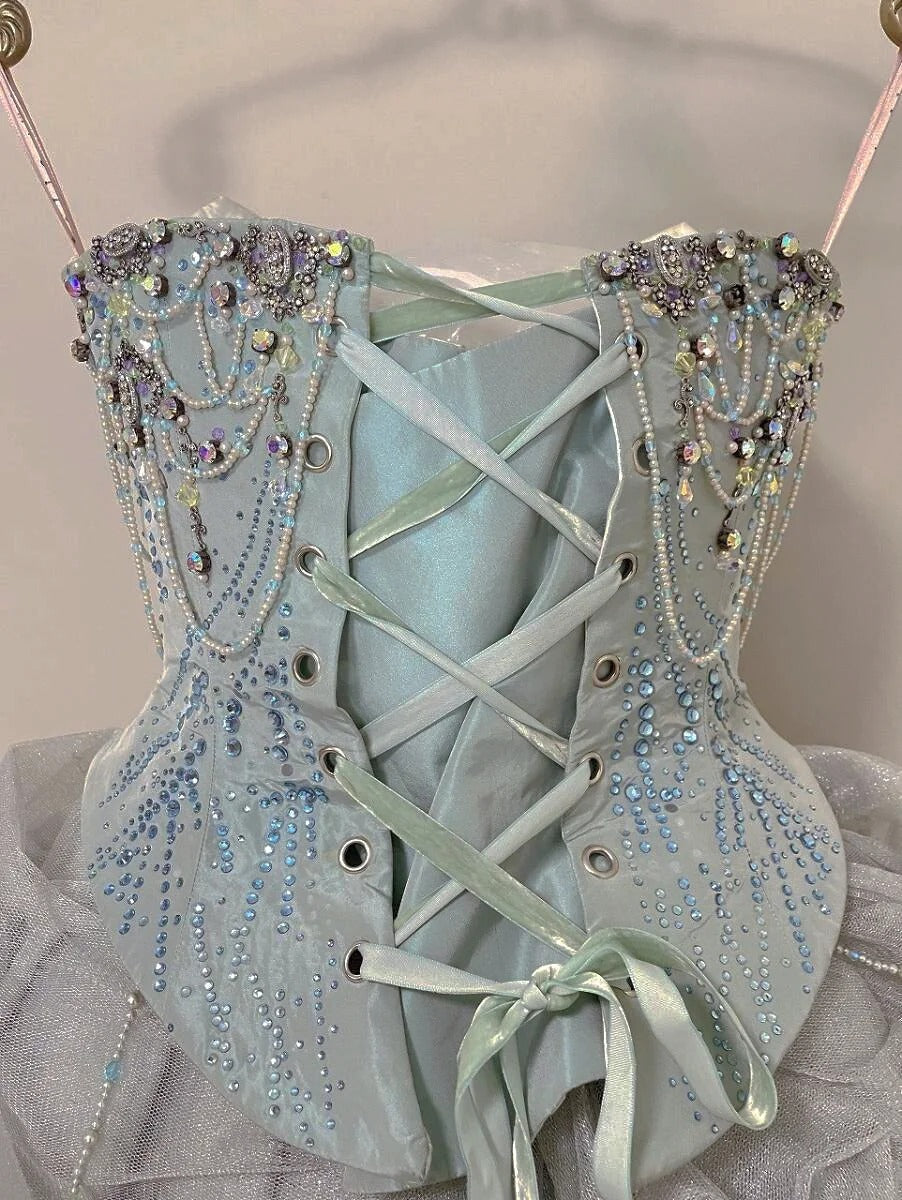 Girlhomeshops-Ice blue gorgeous silver beading fashionable and elegant long layered princess tulle ball gown gh5326
