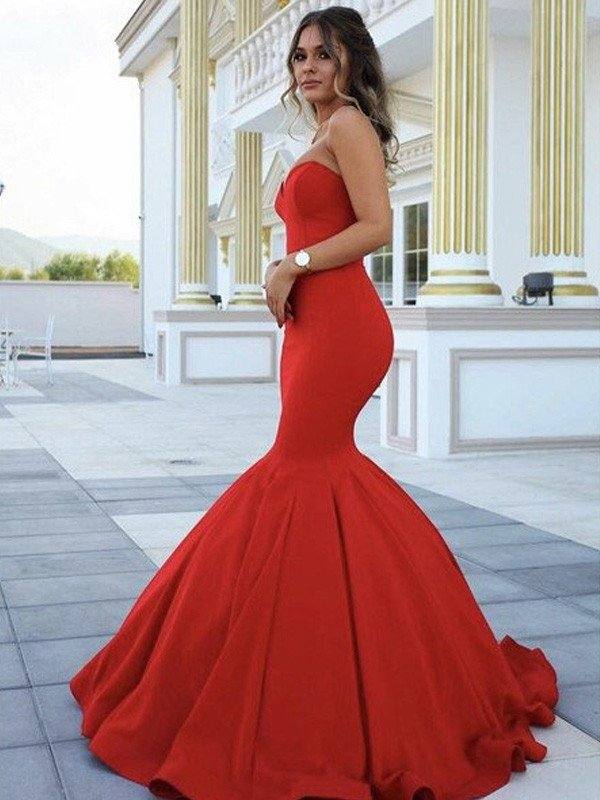 Trumpet/Mermaid Sweetheart Sleeveless Sweep/Brush Train Satin Dresses - RongMoon