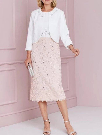 Sheath / Column Mother of the Bride Dress Elegant Jewel Neck Tea Length Lace Stretch Satin 3/4 Length Sleeve with Lace Beading Appliques - RongMoon