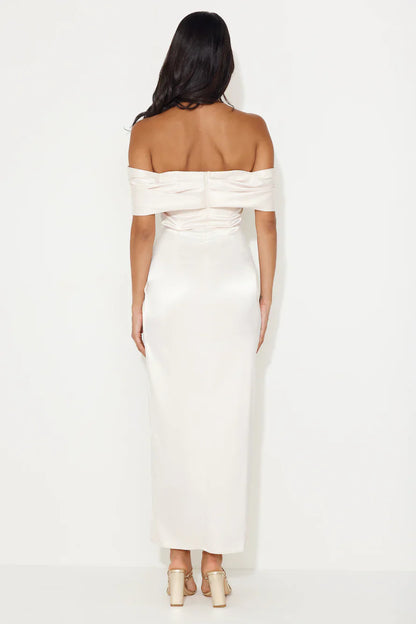 Jimiss off shoulder collar satin side slit long Prom dress