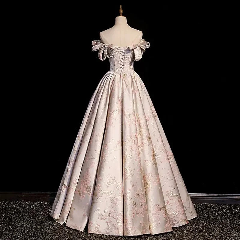 Girlhomeshops-Pink floral beaded long satin and floor formal ball gown with tie up dress gh5313
