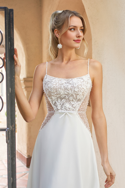 A-line square neckline sleeveless thin shoulder strap lace patchwork backless and floor length wedding dress