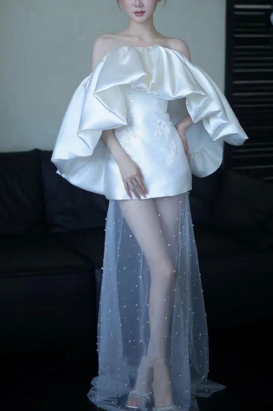 Effortlessly Chic! Oversized Ruffle Satin Gown Beaded Sheer Fairy Dress gh7007