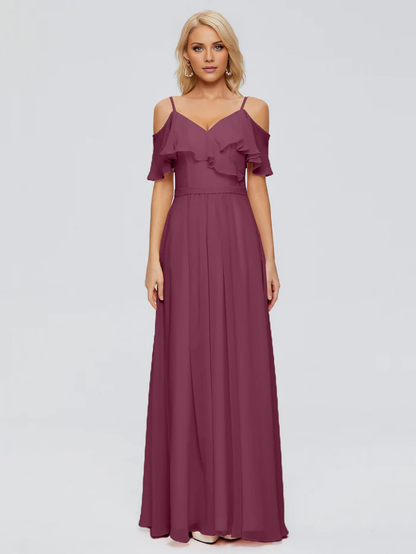 Thin shoulder strap ruffled chiffon and floor length bridesmaid dress