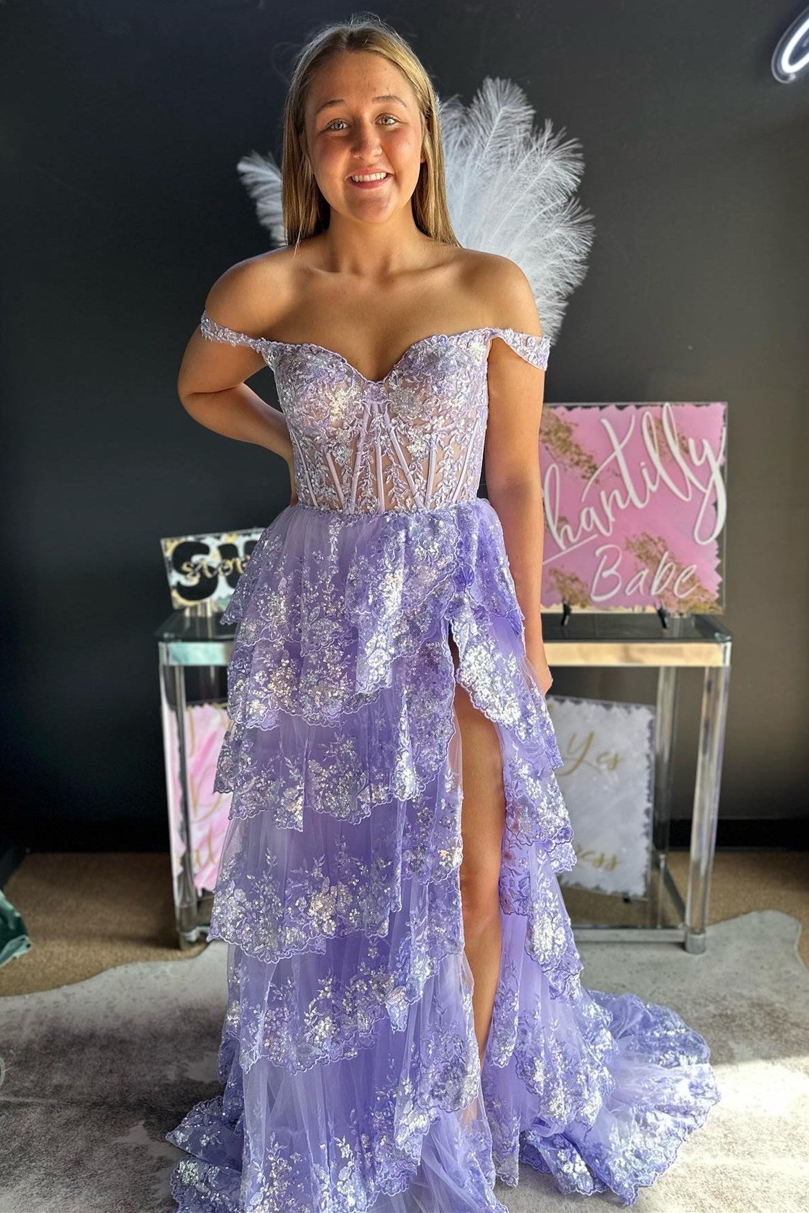 Sequins Sweetheart A-Line Tiered Long Prom Dress with Slit