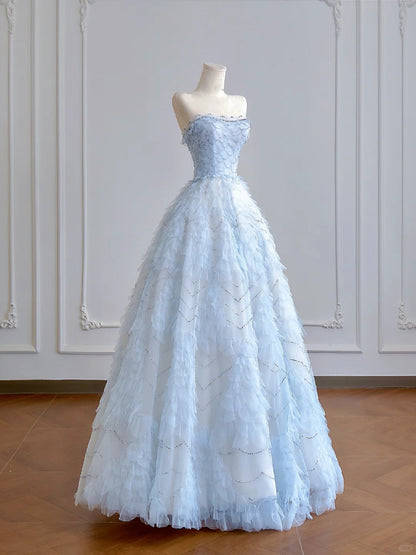 Girlhomeshops--Light blue organza fairy long floor-length tulle prom dress wedding dress gh5487
