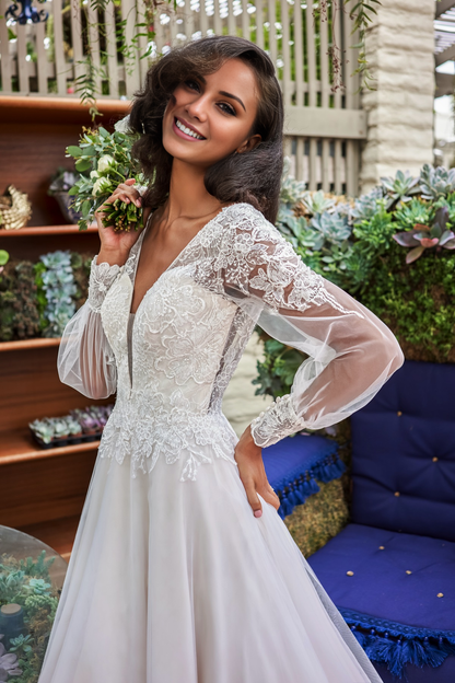 A-line V-neck embroidered lace chiffon and floor length wedding dress