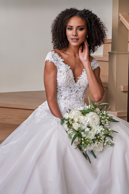 A-line off shoulder V-neck sheer and floor length wedding dress
