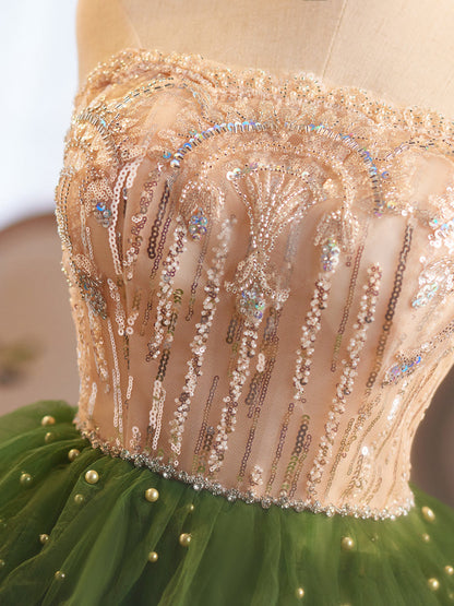 Champagne/Green Tulle Lace Short Prom Dress, Cute Homecoming Dress