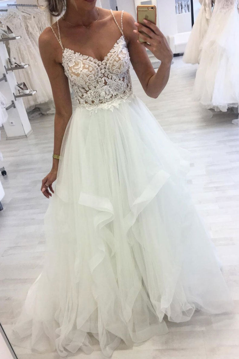 White sweetheart tulle lace applique long prom dress formal dress