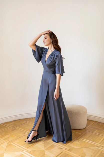 Jimiss deep V-neck short sleeved satin slit and floor length Prom dress