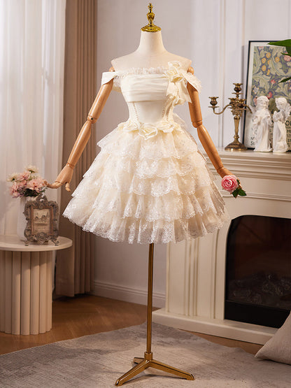 A-Line Off Shoulder Tulle Lace Short Champagne Prom Dress, Cute Homecoming Dress