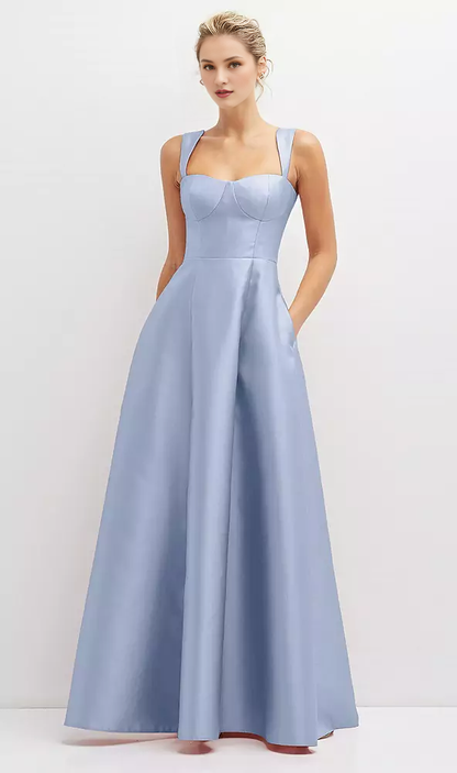 Pocket tie back tight corset satin and floor length Prom dress