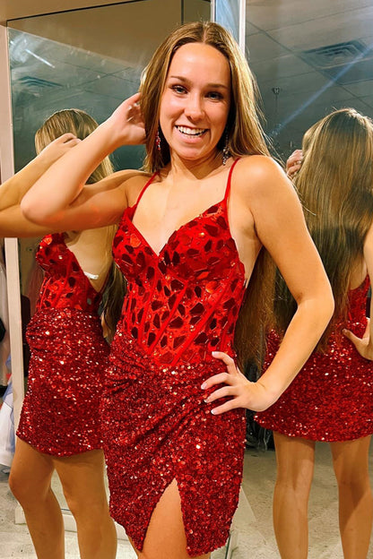 Red Mirror-Cut Sequins Sheath V Neck Cocktail Homecoming Dress