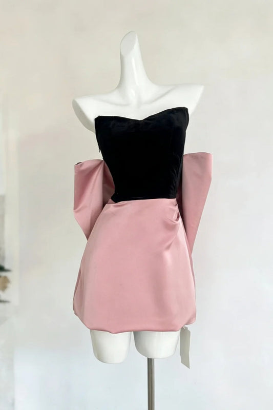 Black & Pink Contrast Strapless Sleeve Mini Dress gh6921