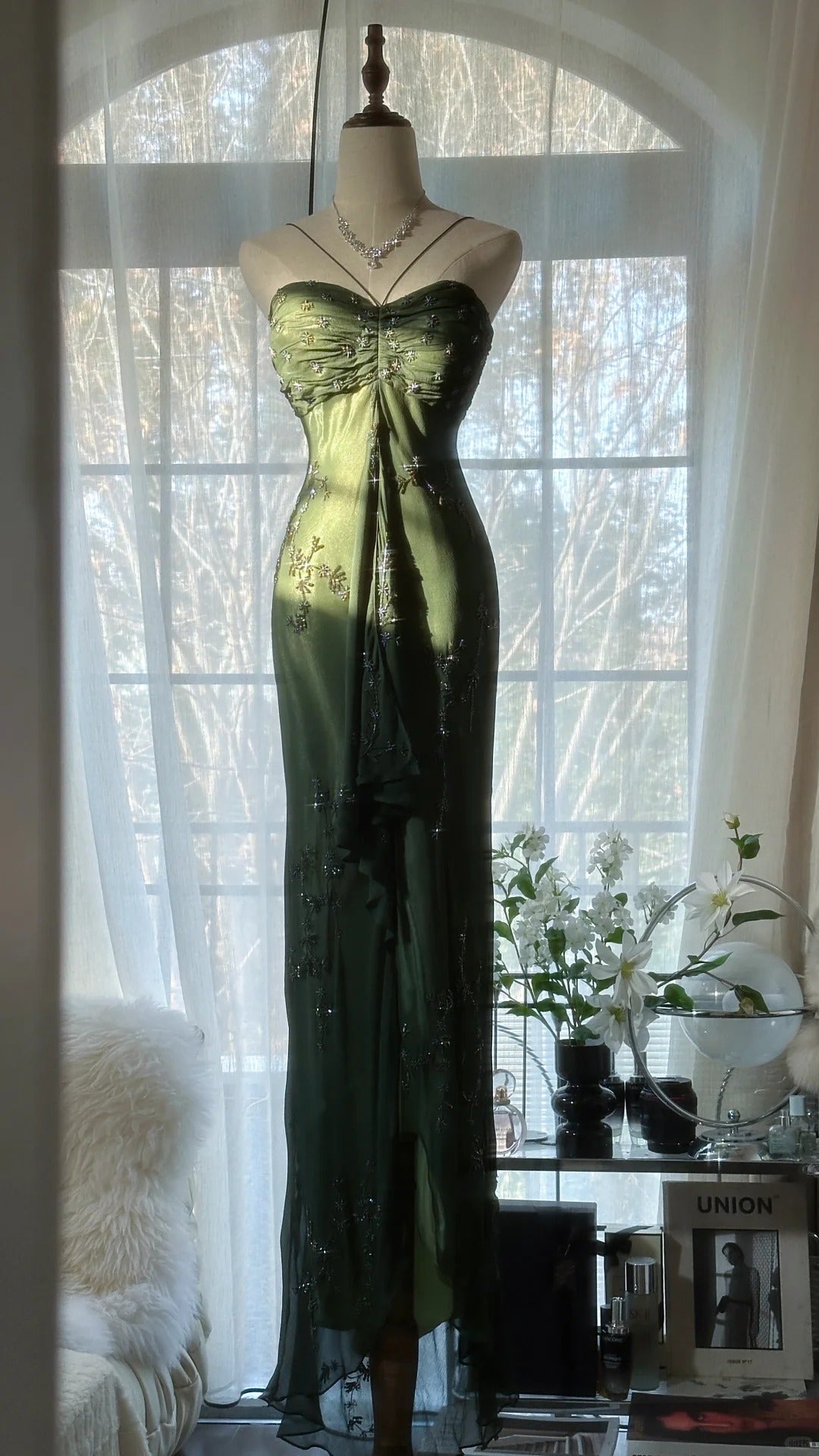 Green Elegant Fashion Exquisite Beaded Strapless Long Chiffon Ball Gown Evening Dress Birthday/Holiday Party Dress Prom Dress gh4066