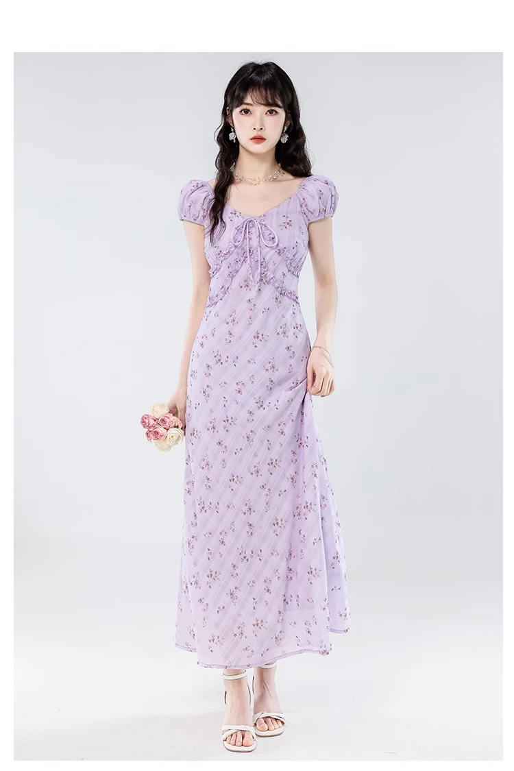 Simple Fashion Floral Design Sweet A-line V-neck Short-sleeved Dress HZ1024